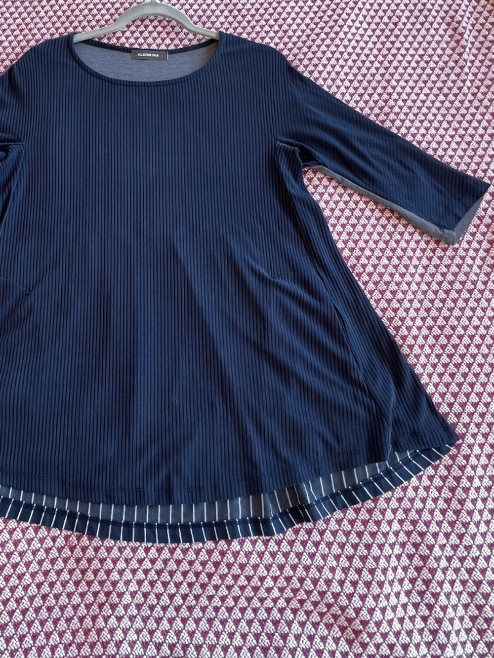 Alembika Navy Blue Ribbed Swing Tunic Striped Hem Pockets Sz 0